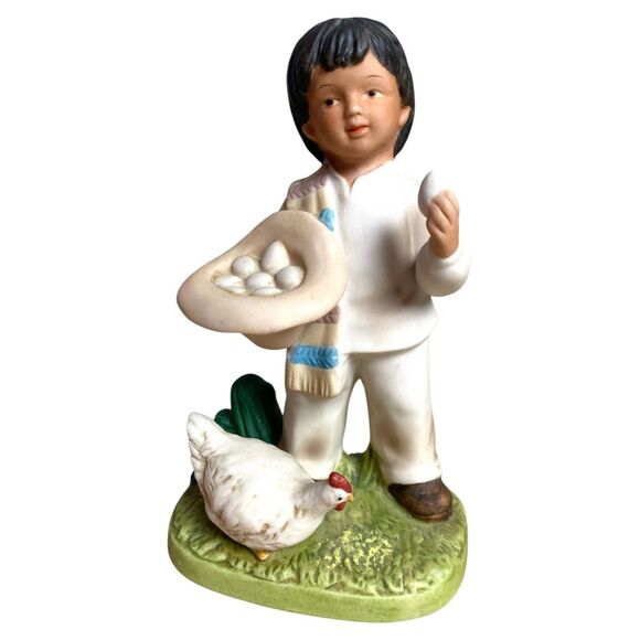 Vintage Homco Figurines #1409 Boy & Girl with Chickens Eggs Basket Farmhouse Set - Picture 8 of 10